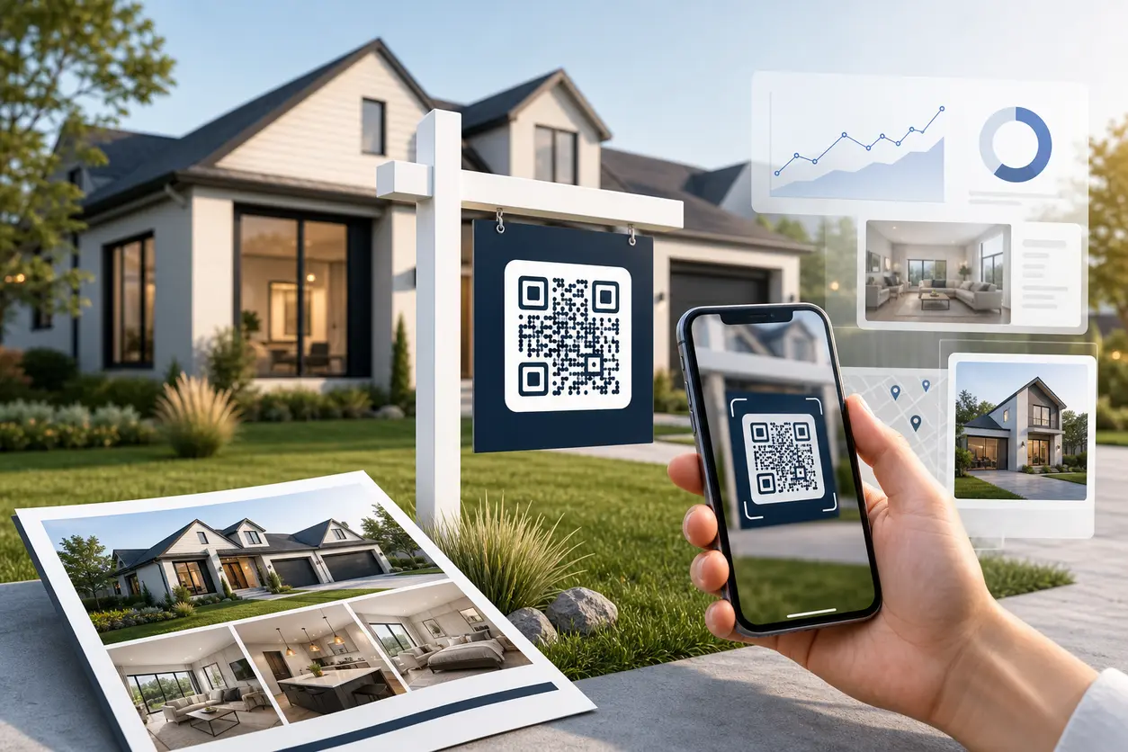 A modern real estate marketing scene showing a yard sign and printed property flyer with visible QR codes, a smartphone scanning one code, and a clean mobile property listing interface in the background.
